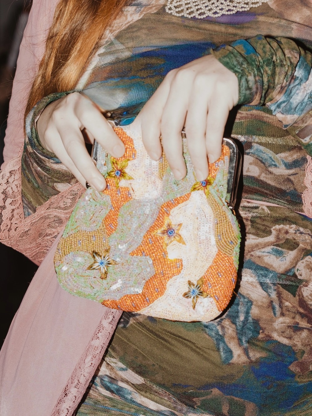 Iridescent Sequin Floral Evening Clutch in Pink & Orange